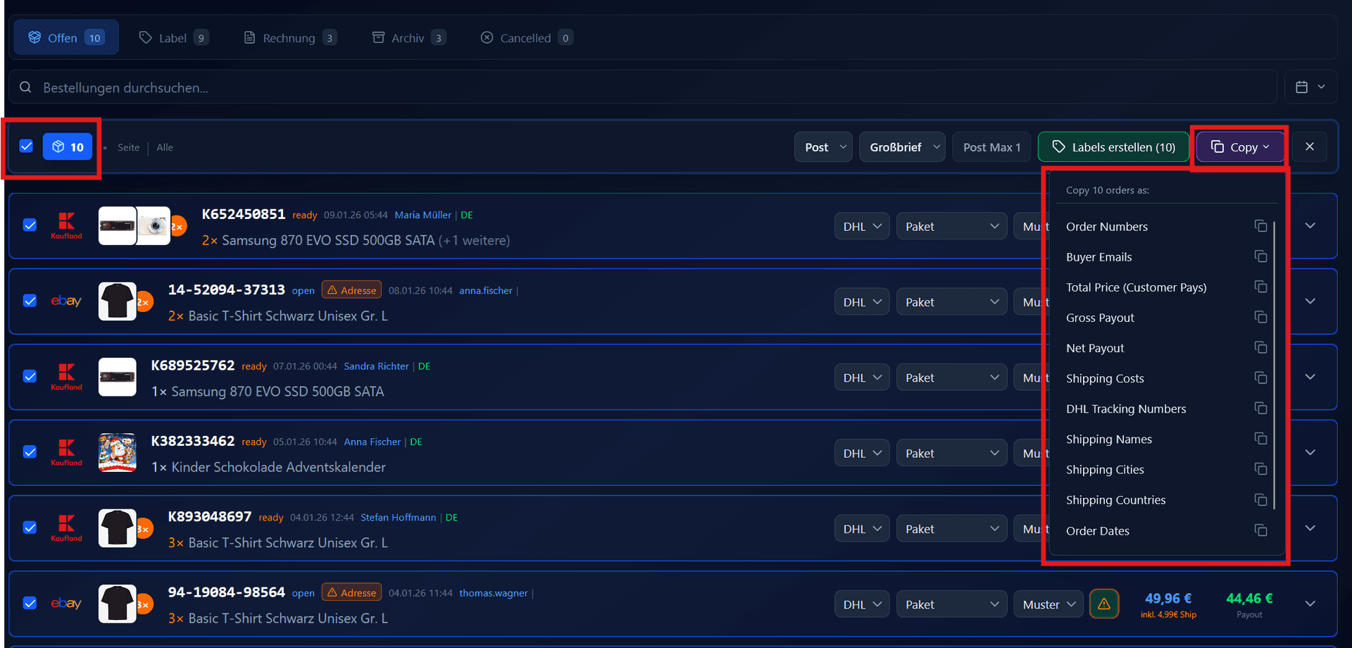 Kopieren-Dropdown-Menü mit Datenoptionen
