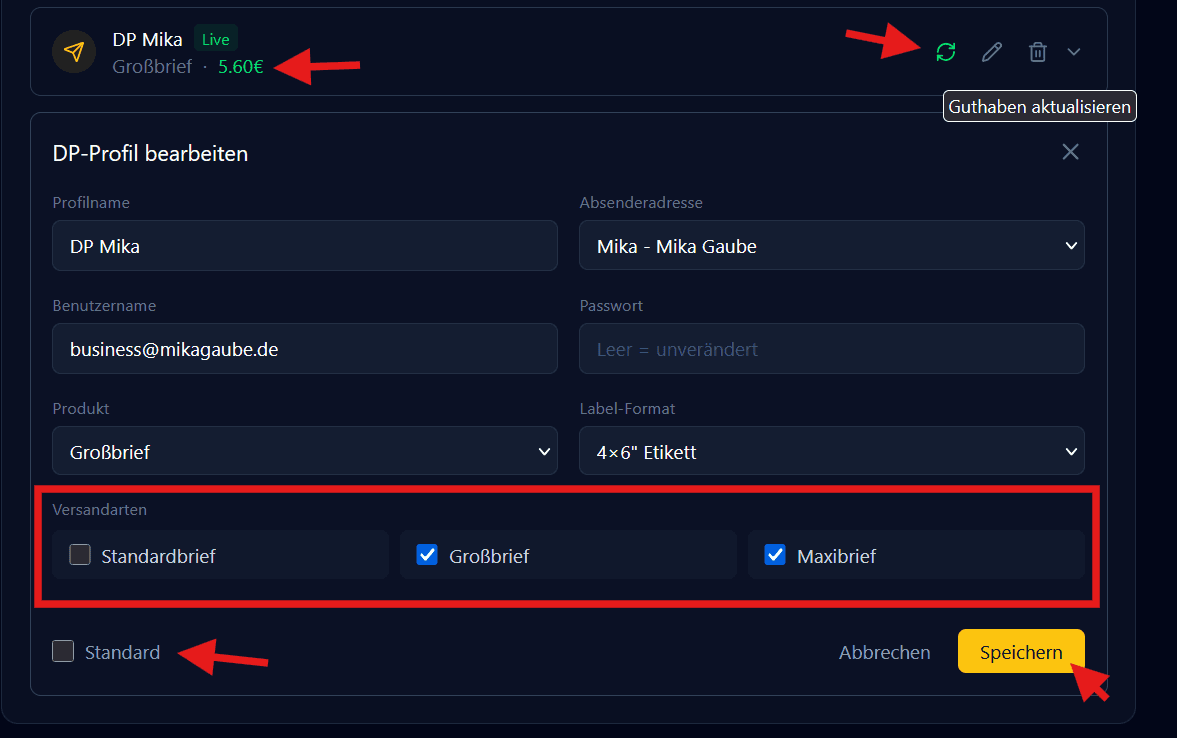 invice Einstellungen: Deutsche Post-Bereich mit Login-Feldern und Guthaben-Anzeige