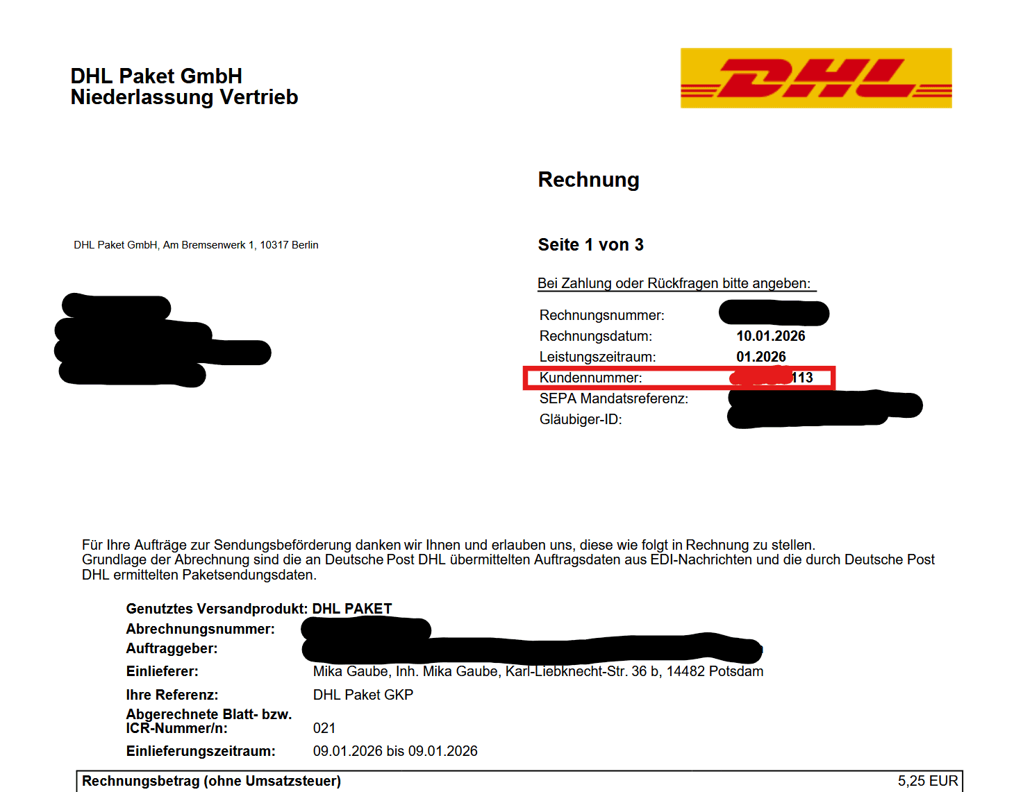 DHL Geschäftskundenportal: Stammdaten-Bereich mit EKP hervorgehoben