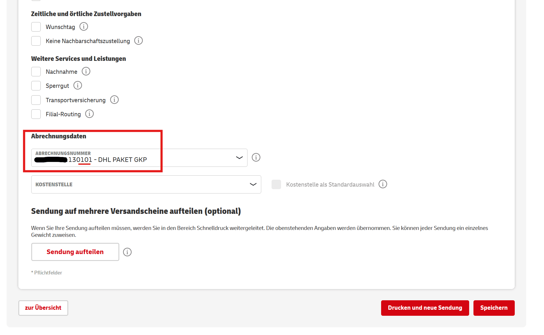 Sendung erfassen: Abrechnungsnummer