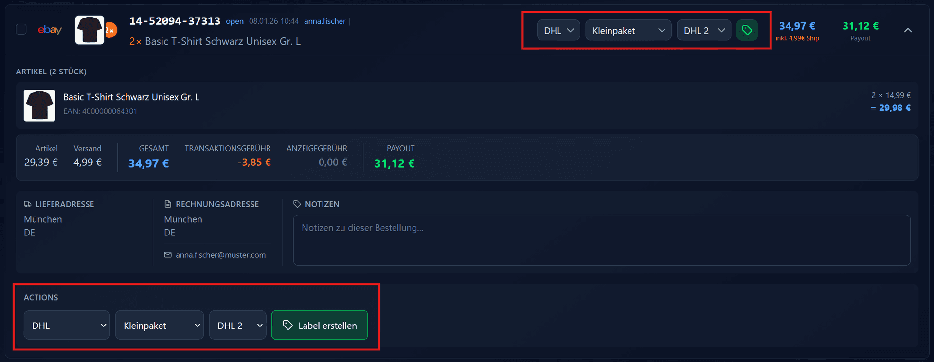 Bestellkarte mit DHL ausgewählt, Produkt-Dropdown und Label erstellen Button