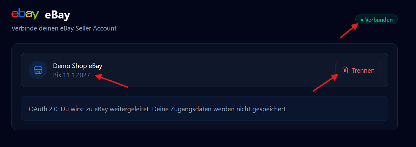 invice eBay-Bereich mit Status 'Verbunden' und Token-Ablaufdatum