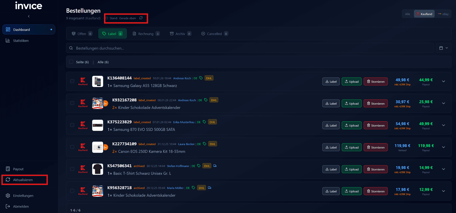 Dashboard mit geladenen Kaufland-Bestellungen, Kaufland-Logo bei jeder Bestellung sichtbar