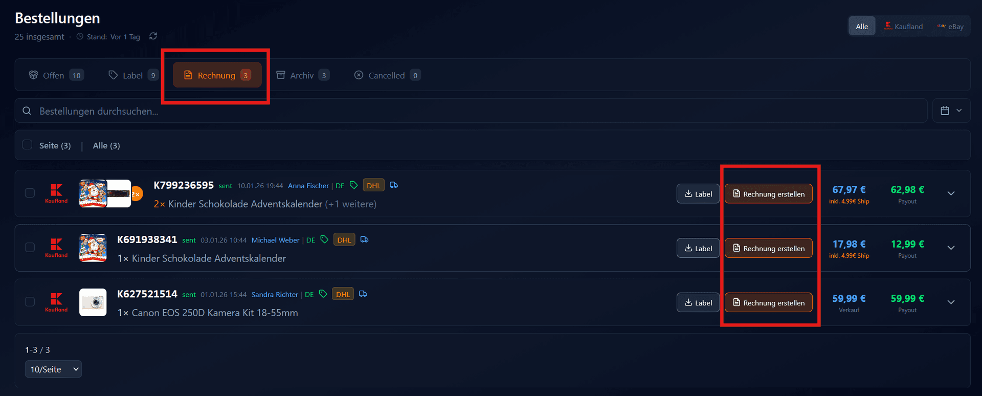 Kaufland-Bestellung im Tab Rechnung mit Rechnung hochladen Button