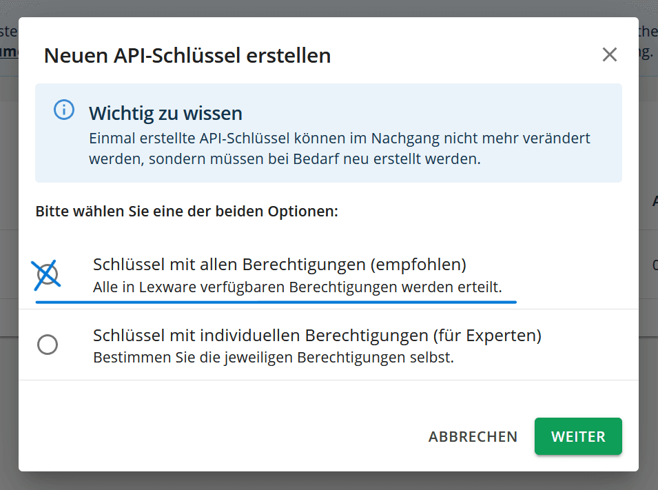 API-Key Erstellungs-Dialog mit Berechtigungsauswahl