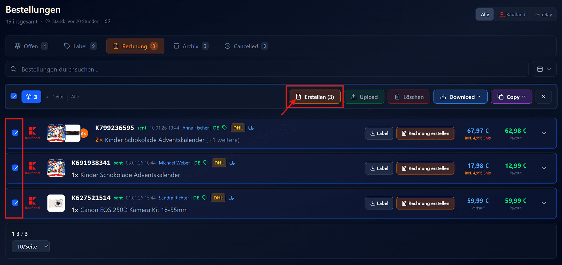 Bulk-Aktionsleiste mit 'Rechnungen erstellen'-Button, Fortschrittsanzeige