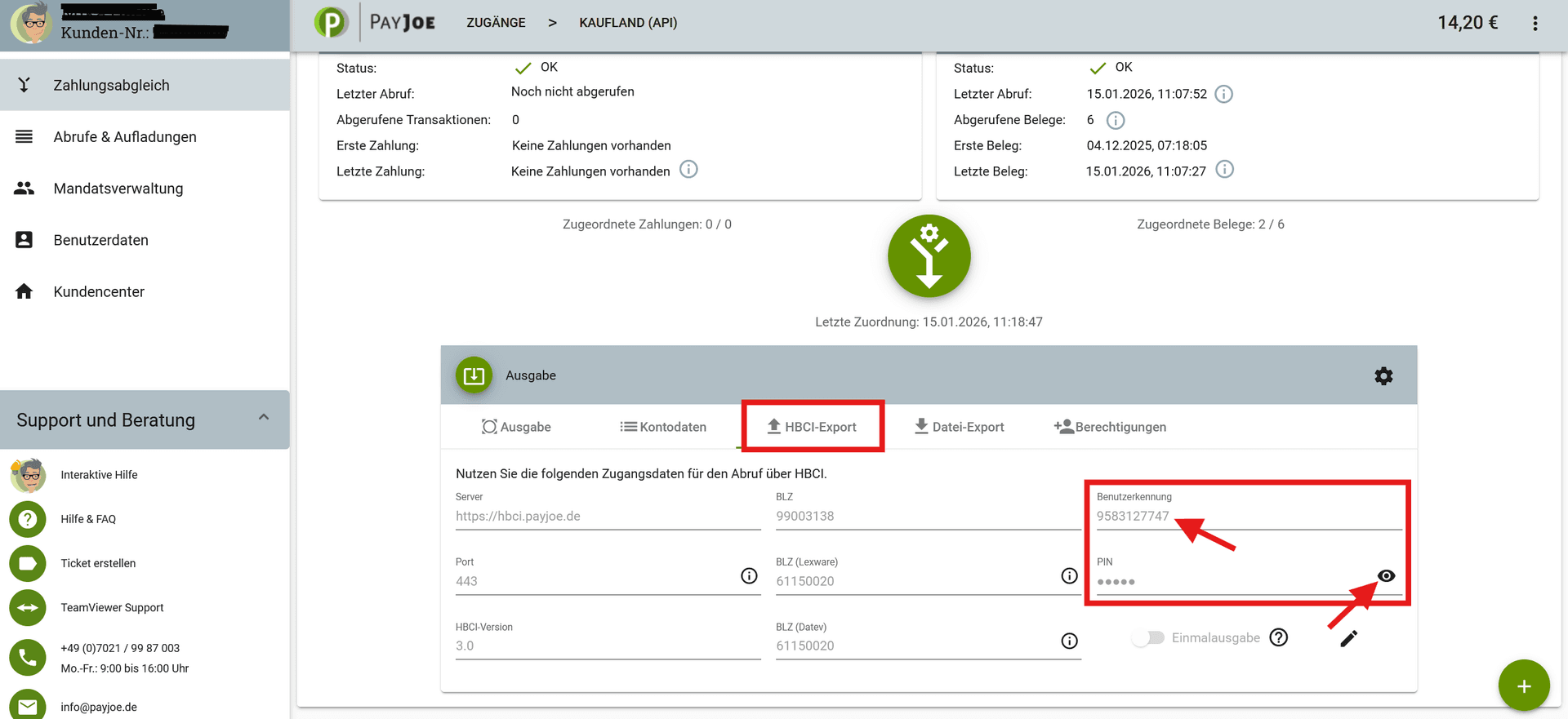 PayJoe - HBCI-Export mit Benutzerkennung und PIN