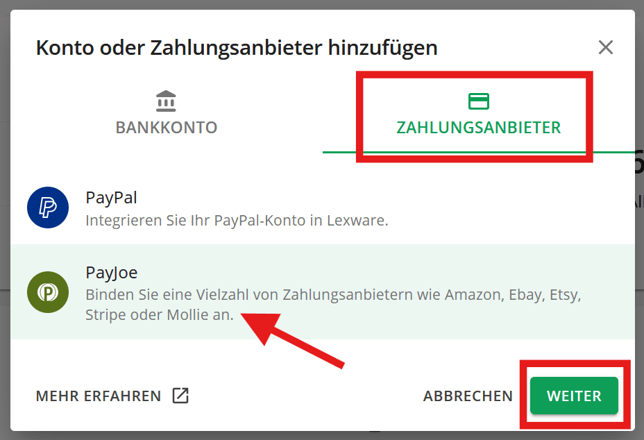 Lexware - PayJoe als Zahlungsanbieter auswählen